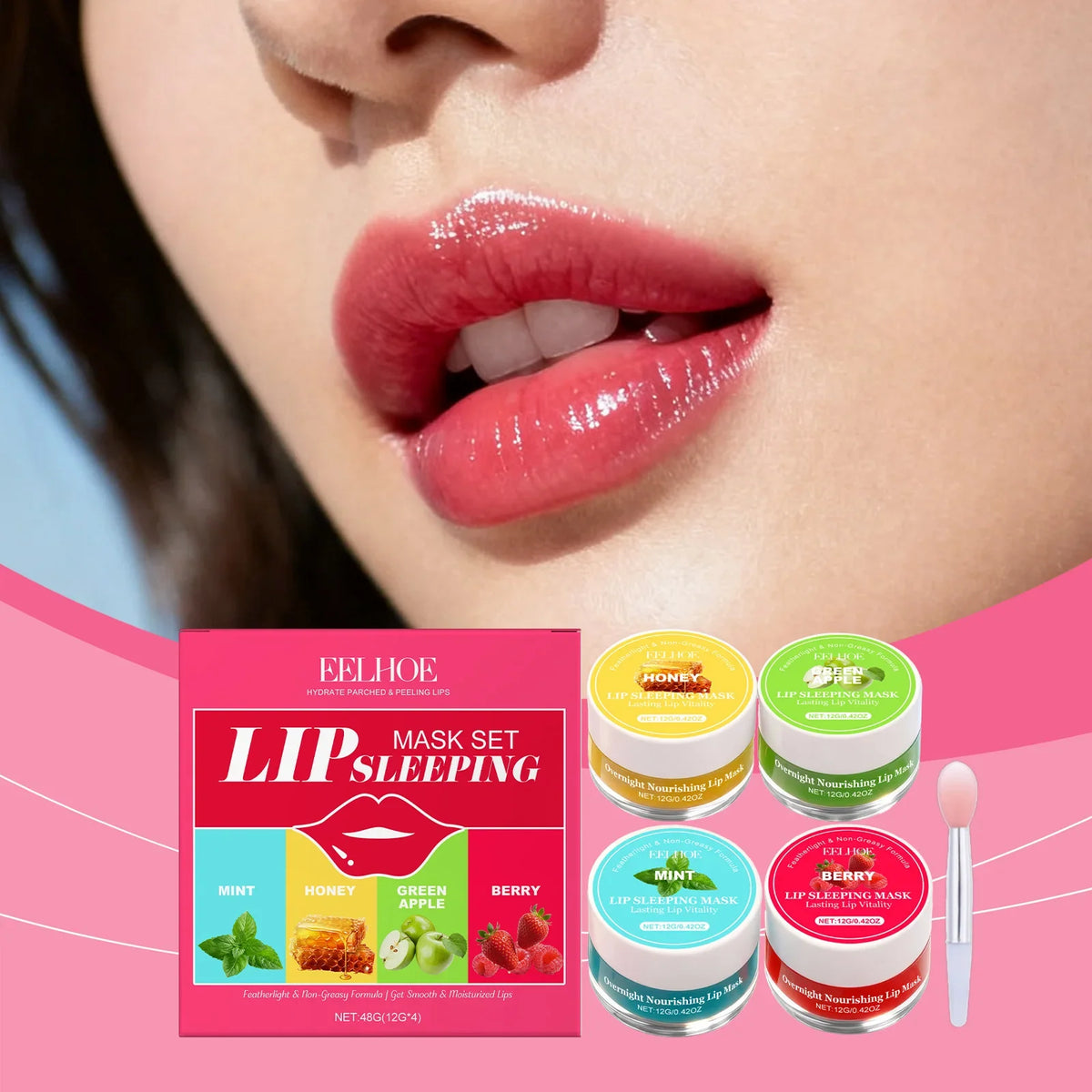 Blushimmer 4-flavor lip sleeping mask set with moisturizing, exfoliating lip care for soft, smooth, and hydrated lips overnight.