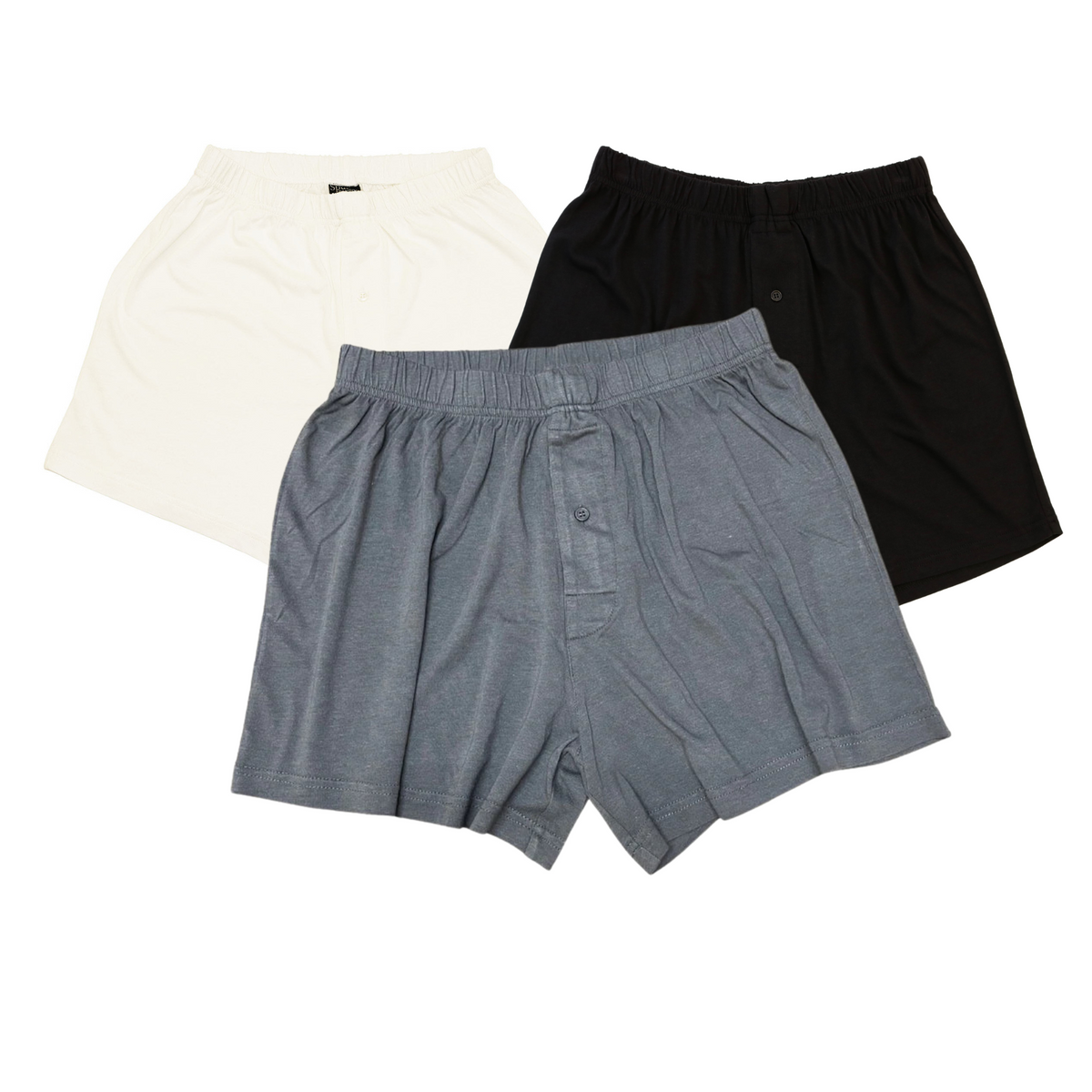 Men's bamboo boxer shorts 3-pack from Spun Bamboo, cream, charcoal grey, and black, featuring soft, breathable men's underwear.