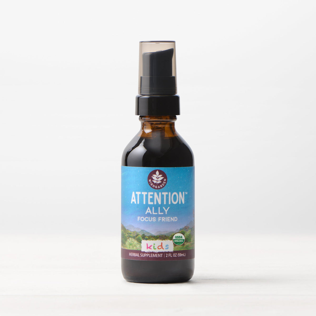Kids taking Attention Ally, WishGarden Herbs focus supplement, with colorful packaging and natural ingredients in the background.