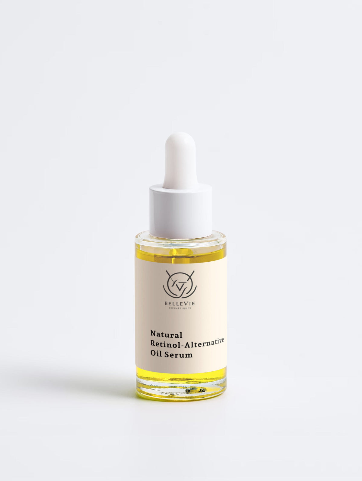 BelleVie Cosmétiques natural retinol alternative oil serum in a 30ml bottle, featuring a clear glass container with dropper.