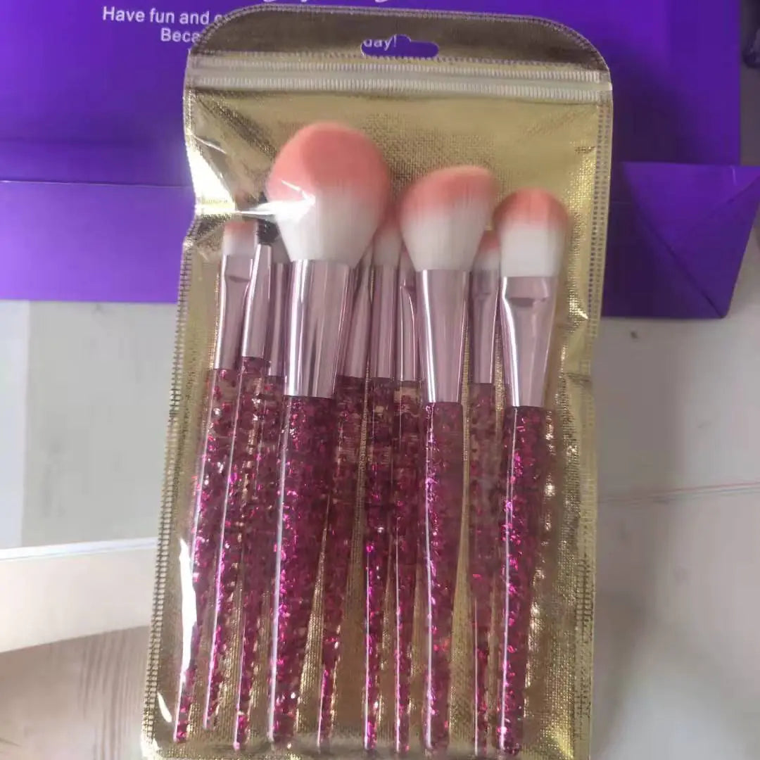 10-Piece Colorful Makeup Brush Set with Synthetic Fibers showcased in a glittery pink pouch, perfect for flawless blending and contouring.