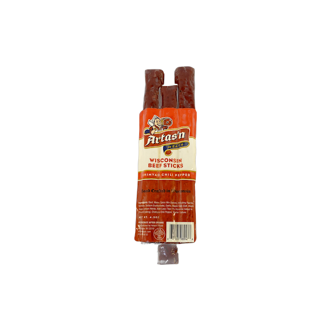 Wisconsin Beef Stick with Chimayo Chili Pepper from Artas'n Meats, showing the spicy beef snack with a chili pepper on the packaging.