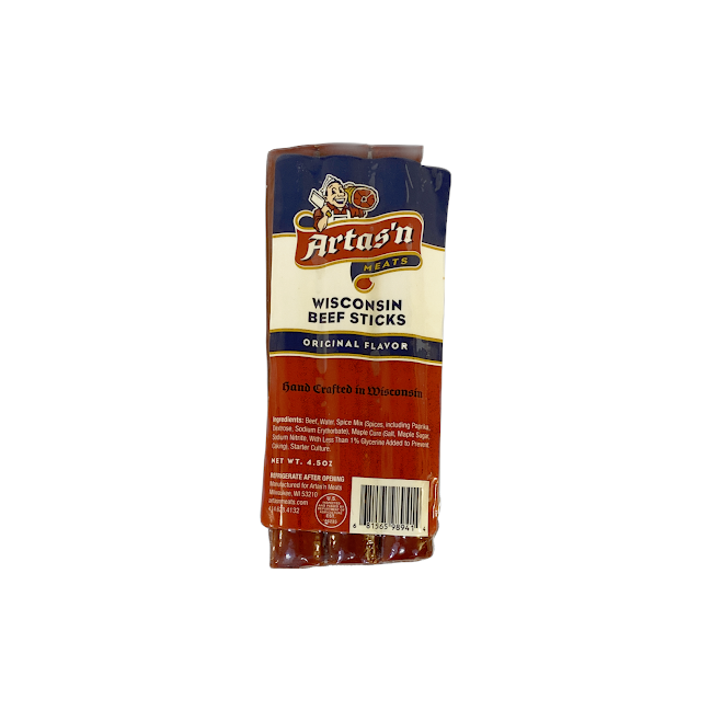 Original flavor beef sausage stick by Artas'n Meats, showing a savory beef snack in a clear packaging.