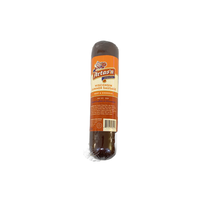 Sliced original summer sausage with cheddar from Artas'n Meats, showing the savory sausage pieces on a white background.