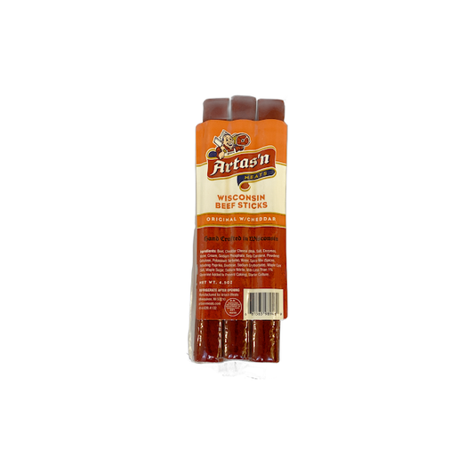 Wisconsin Beef Stick by Artas'n Meats with cheddar cheese, showing the beef stick with cheddar pieces visible in natural packaging.