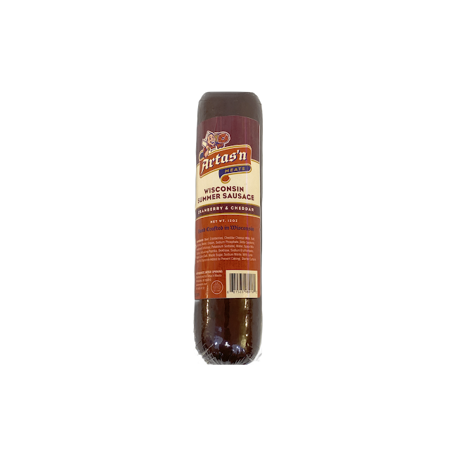 Cranberry Cheddar Summer Sausage by Artas'n Meats, 12oz, sliced pieces with cranberries and cheddar cheese in a clear package.
