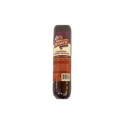 Cranberry Cheddar Summer Sausage by Artas'n Meats, 12oz, sliced pieces with cranberries and cheddar cheese in a clear package.