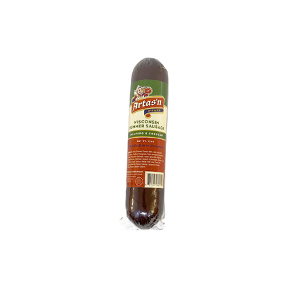 Jalapeño cheddar summer sausage by Artas'n Meats, sliced and arranged on a wooden platter, showcasing spicy and cheesy flavors.