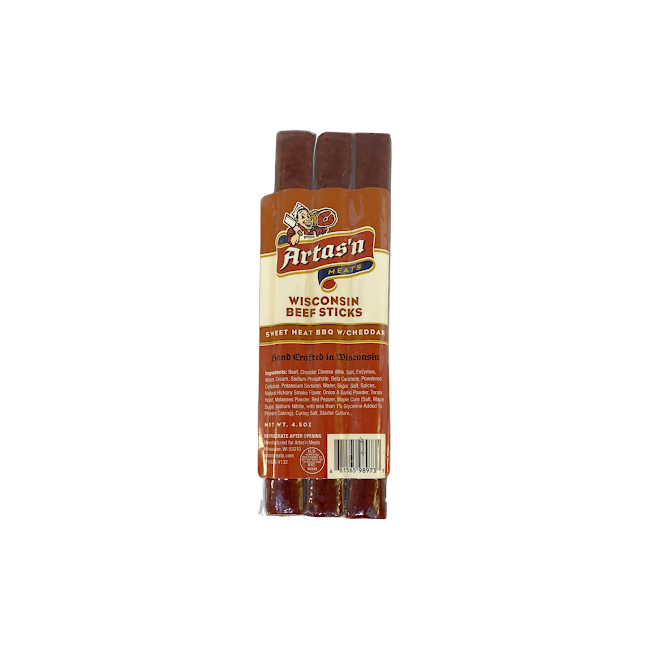 Artas'n Meats Wisconsin Beef Stick with Sweet Heat BBQ and Cheddar, featuring a savory beef snack with spicy and cheesy flavors.
