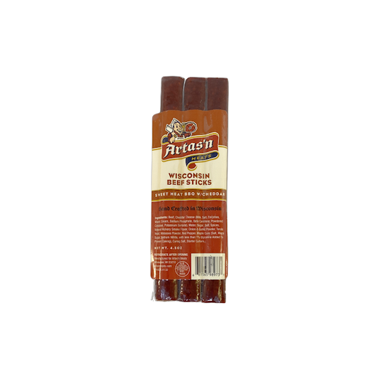 Artas'n Meats Wisconsin Beef Stick with Sweet Heat BBQ and Cheddar, featuring a savory beef snack with spicy and cheesy flavors.
