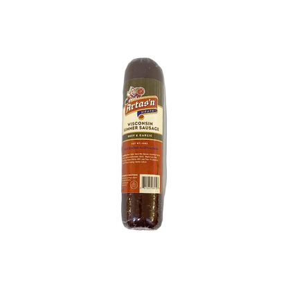 Beef and garlic summer sausage from Artas'n Meats displayed in a clear, close-up view showing the sausage's texture and seasoning.