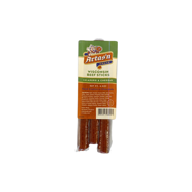 Artas'n Meats Wisconsin Beef Stick with jalapeño and cheddar flavor, showing a close-up of the spicy beef snack with cheese and jalapeño pieces.
