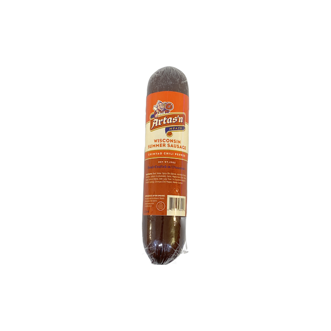 Chimayo Chili Pepper Summer Sausage by Artas'n Meats, 12oz, sliced and ready to serve, showcasing the spicy chili pepper flavor.