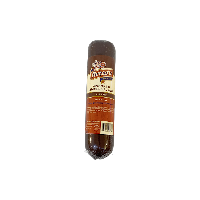 All beef summer sausage from Artas'n Meats, 12oz package, sliced and ready to serve, with visible sausage slices on a cutting board.