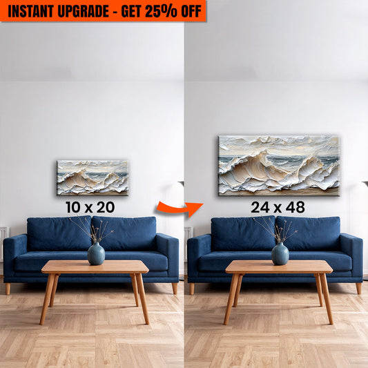 Side-by-side view of 20x10 and 48x24 inches Ocean Waves wall art canvas by Tailored Canvases, showcasing size upgrade.