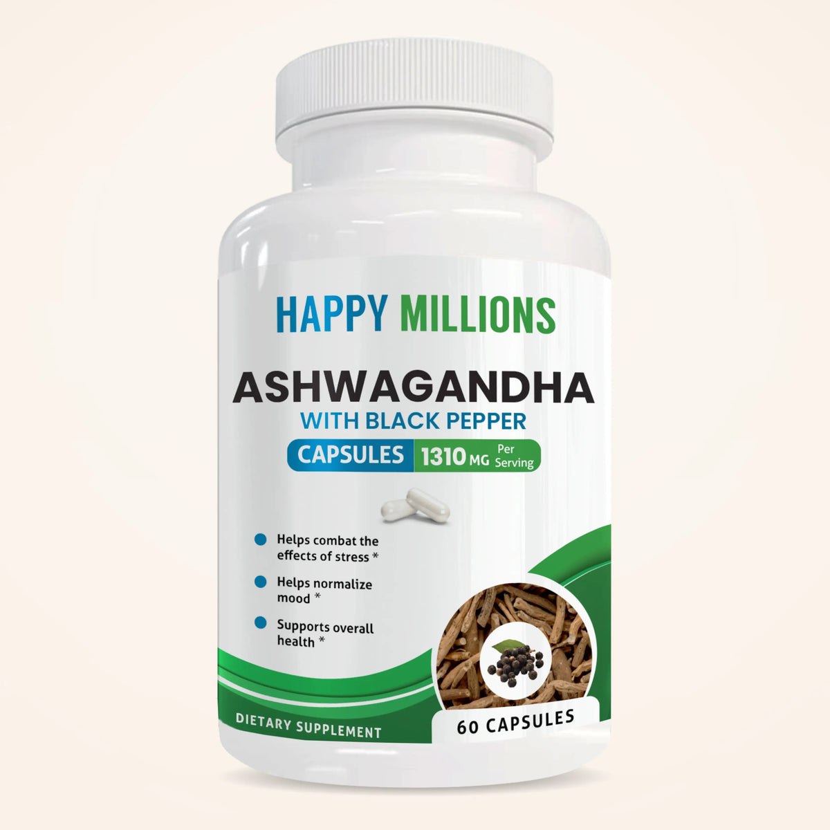 Ashwagandha with black pepper supplement by Happy Millions, showing capsules in a clear container with a natural setting.