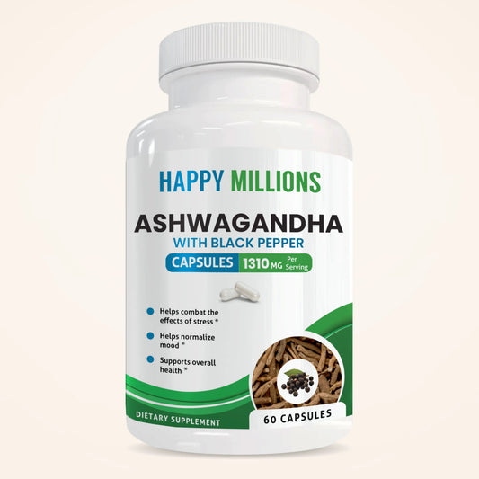 Ashwagandha with black pepper supplement by Happy Millions, showing capsules in a clear container with a natural setting.