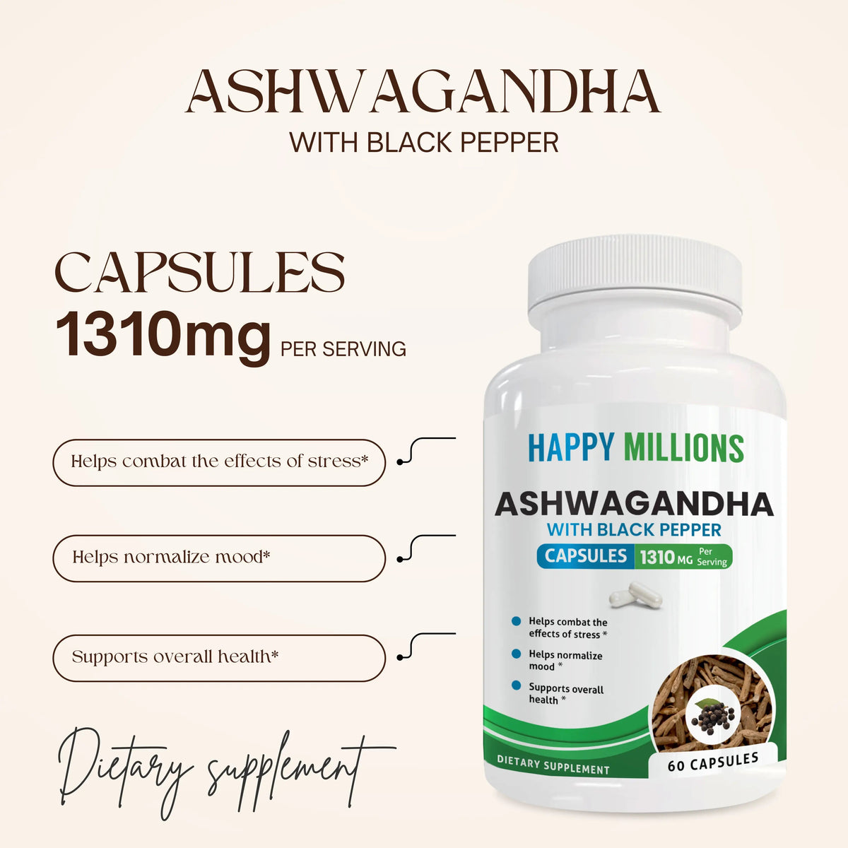 Bottle of Happy Millions Ashwagandha with Black Pepper supplement showing the label and capsules inside.