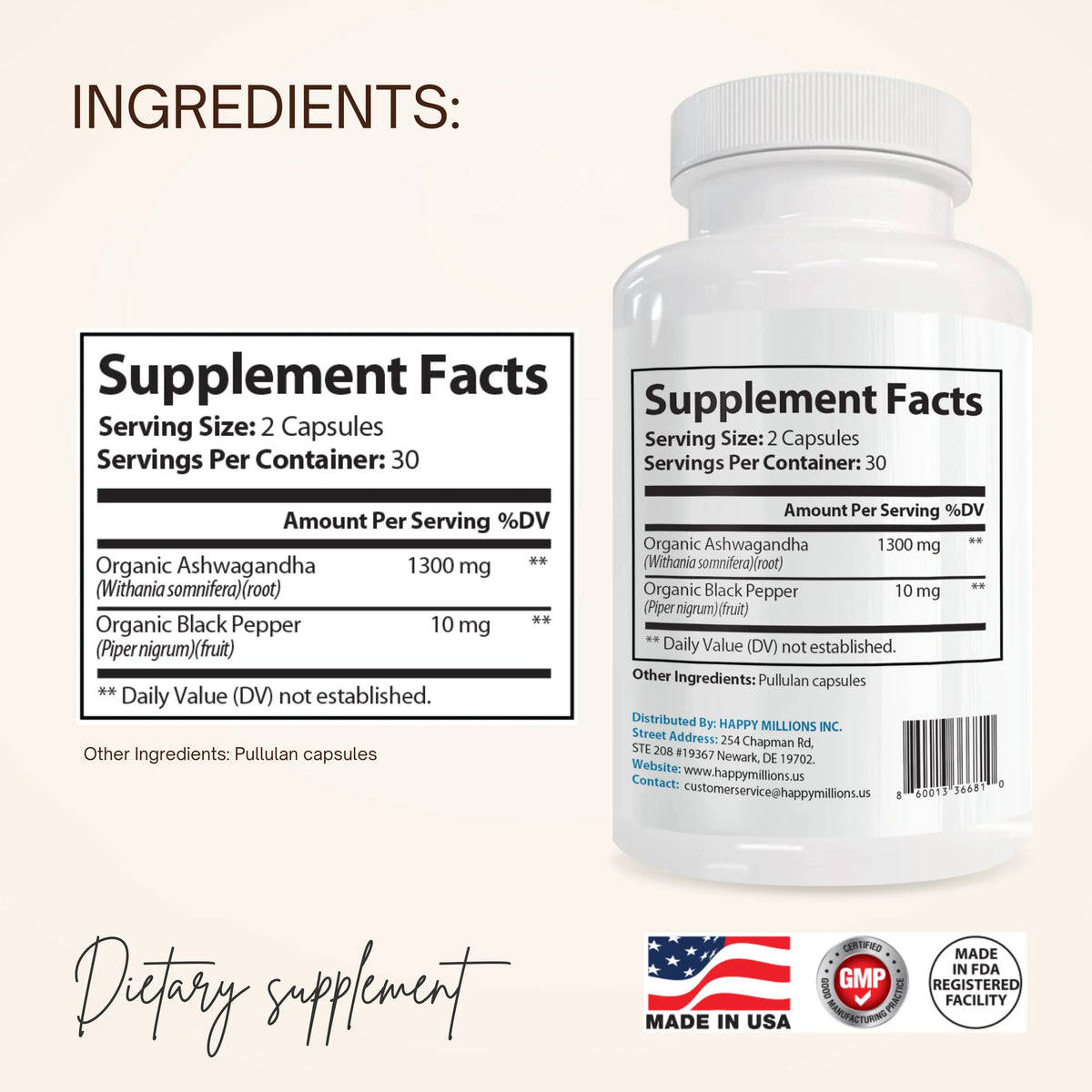 Natural herbal supplement featuring Ashwagandha with black pepper by Happy Millions, displayed in a clear, health-focused presentation.
