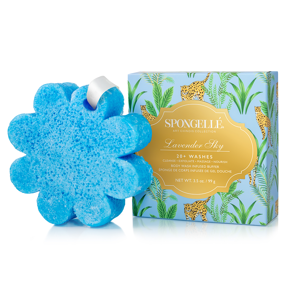 Lavender Sky Body Wash Infused Buffer by Spongellé, soft sponge with lavender-scented body wash for gentle cleansing.