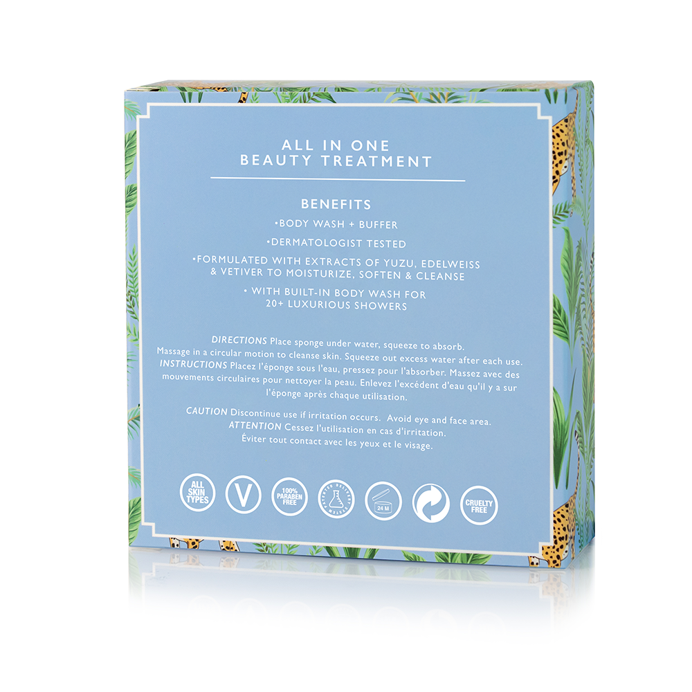Lavender Sky Body Wash Infused Buffer by Spongellé with lavender scent and textured surface for gentle cleansing and exfoliation.