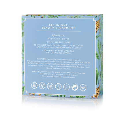 Lavender Sky Body Wash Infused Buffer by Spongellé with lavender scent and textured surface for gentle cleansing and exfoliation.