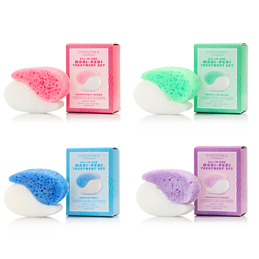 Spongellé Essentials Mani-Pedi Assorted Pack with body wash infused buffers, featuring colorful, textured buffers for skincare.