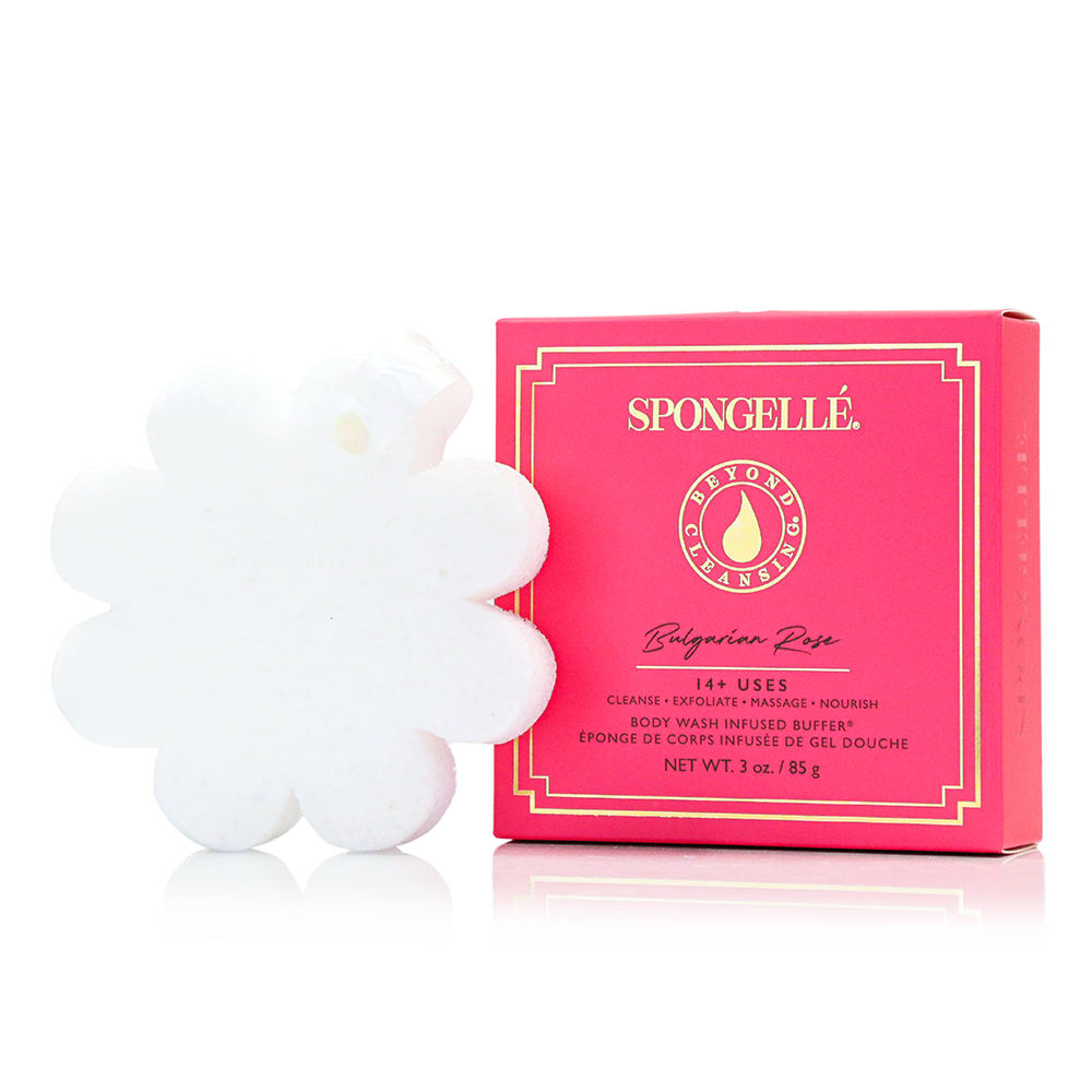 Spongellé floral boxed flower set with body wash infused buffers, featuring colorful floral designs and textured sponges for skincare.