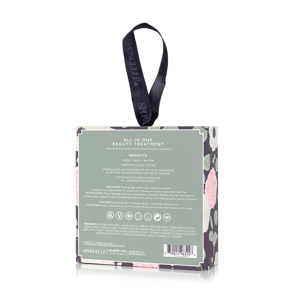 Spongellé Morning Bloom boxed flower body wash infused buffer with floral design and colorful packaging.