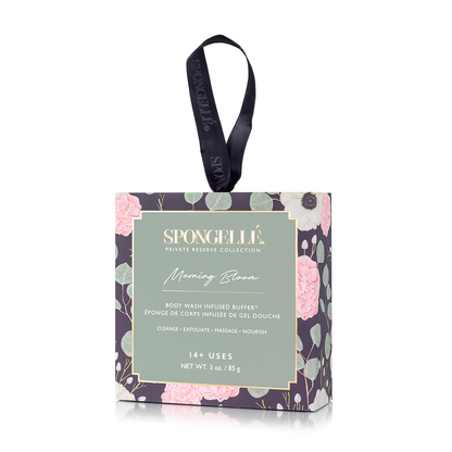 Spongellé Morning Bloom boxed flower body wash infused buffer with floral design, ideal for skincare and exfoliation.