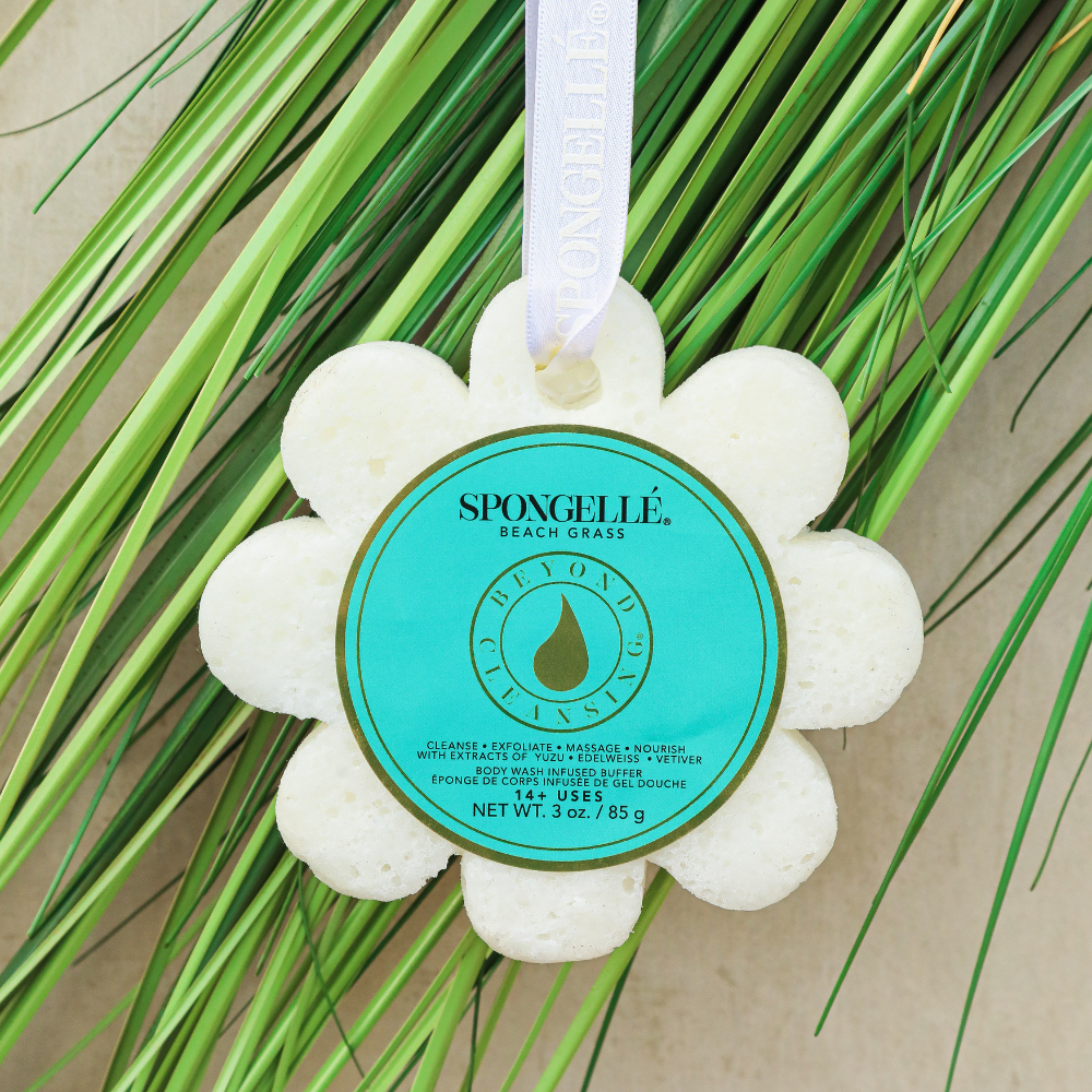Spongellé Beach Grass Wild Flower Soap Sponge, body wash infused buffer with natural floral scent and textured exfoliating surface.