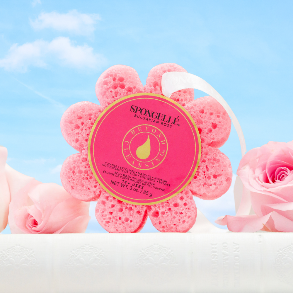 Bulgarian Rose wild flower bath sponge, Spongellé body wash infused buffer with floral design for gentle cleansing.