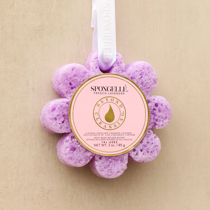 Spongellé French Lavender Wild Flower Bath Sponge with purple and white floral design for gentle cleansing and soothing fragrance.