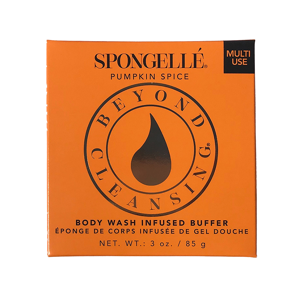 Spongellé Pumpkin Spice multi-use body wash infused buffer with pumpkin spice scent and textured exfoliating surface.