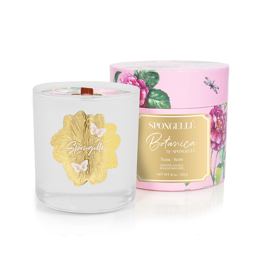 Spongellé Botanica Rose home fragrance candle with a sleek glass container and floral rose design.