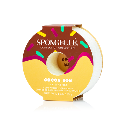 Spongellé Cocoa Bon & Jasmine Brûlée Body Buffer Set with infused body wash, featuring textured buffers and elegant packaging.