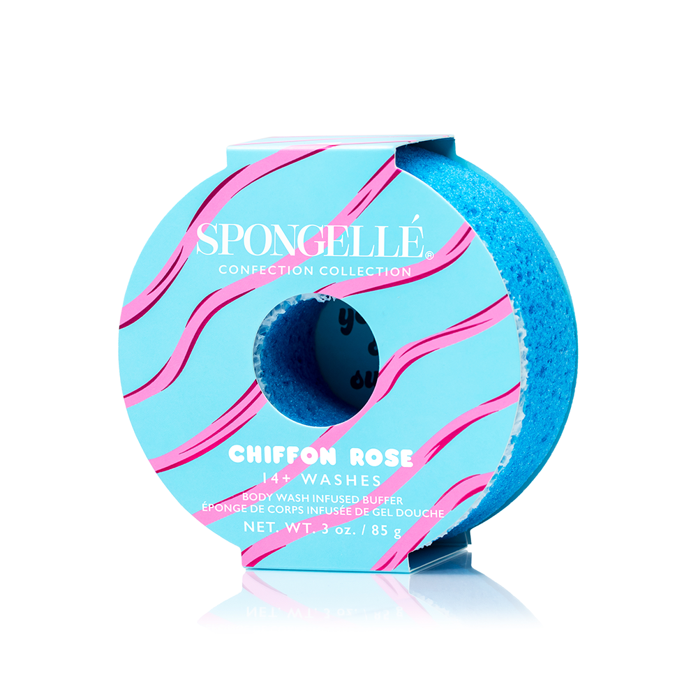 Spongellé Confection Buffer Assorted Pack, body wash infused buffer with colorful, textured sponge for skincare and cleansing.