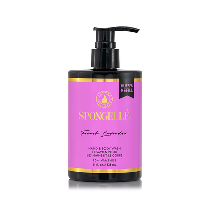 Spongellé French Lavender Wild Flower body gift set with Pedi Buffer and refill body wash in elegant packaging.