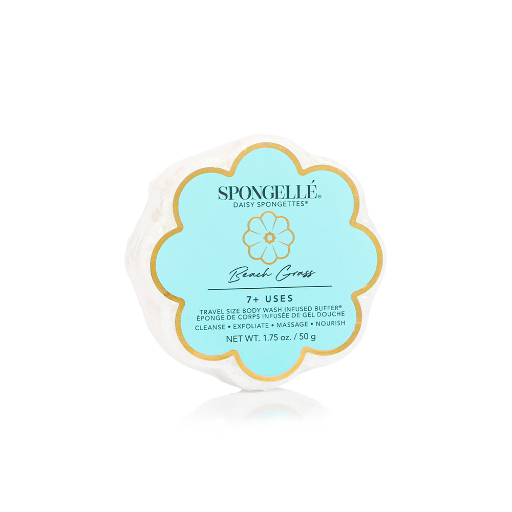 Spongellé Daisy Spongette Assorted Pack with body wash infused buffers in floral designs for gentle cleansing and freshening.