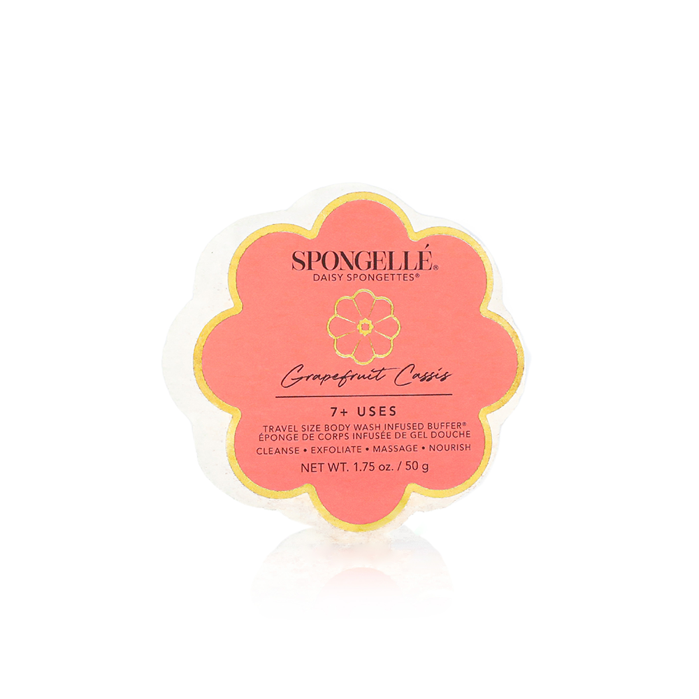 Daisy Spongette Grapefruit Cassis body wash infused buffer from Spongellé with floral and citrus scent details.