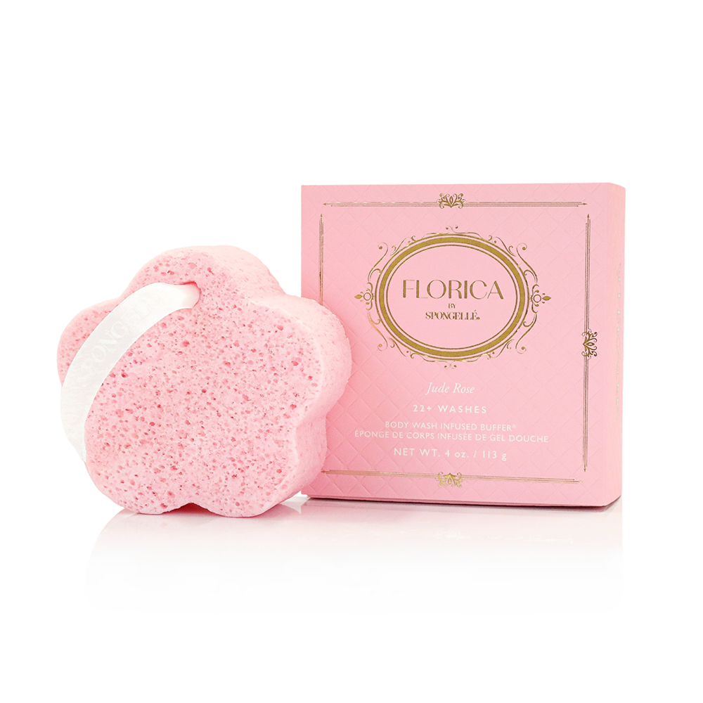 Spongellé Awakening Jude Rose 3-piece bath gift set with fragrant rose-scented body wash, scrub, and lotion in elegant packaging.