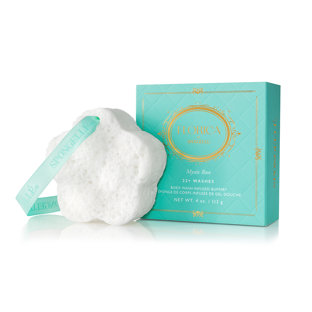 Spongellé Mystic Rose Body Buffer, a floral-infused body wash buffer with rose scent, designed for gentle cleansing and exfoliation.