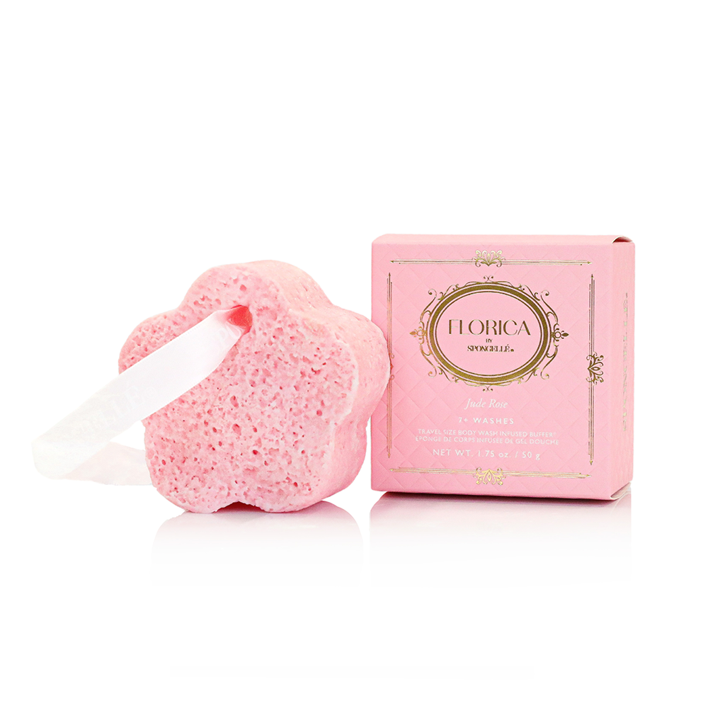 Spongellé Sweet Gesture Jude Rose 3-piece bath gift set with scented body wash, loofah, and body buffer in rose packaging
