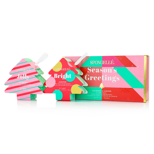 Spongellé Holiday Tree Body Wash Infused Buffer with festive Season's Greetings design, ideal for holiday gift giving.