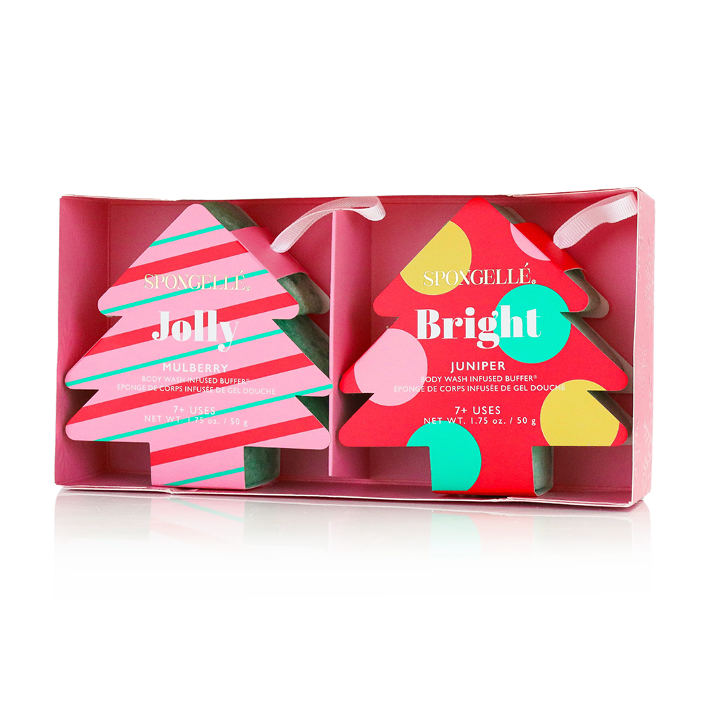 Spongellé Season's Greetings Holiday Tree Body Wash Infused Buffer with festive holiday design and lush exfoliating texture