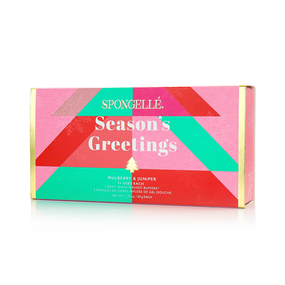 Spongellé Season's Greetings holiday tree gift set with body wash infused buffer, featuring festive packaging and aromatic body care product.