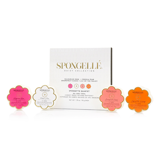 Spongellé Spongette Quartet body gift set with four colorful exfoliating sponges arranged in a box.