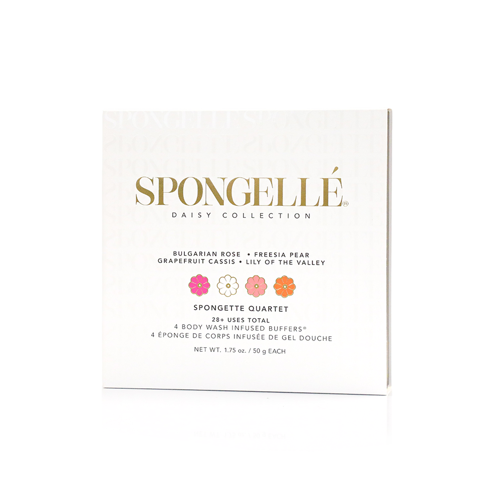 Spongellé Spongette Quartet body gift set with four scented exfoliating sponges arranged in a gift package.