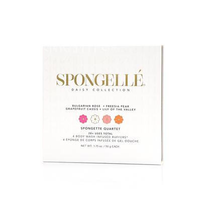 Spongellé Spongette Quartet body gift set with four scented exfoliating sponges arranged in a gift package.