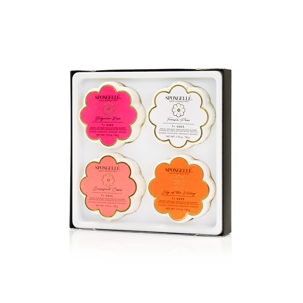 Spongellé Spongette Quartet body gift set with four colorful exfoliating sponges arranged together.